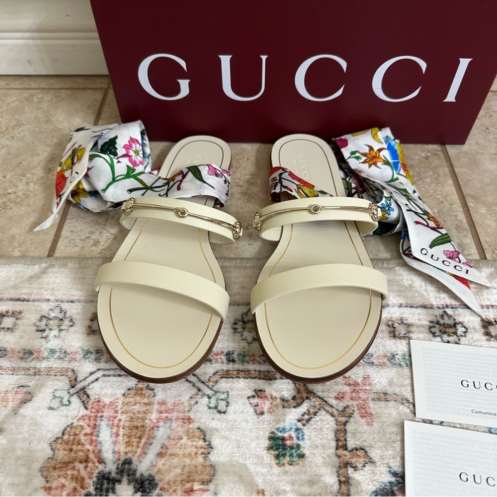 New authentic Gucci silk ankle wrap leather sandals size 37.5 - Picture 3 of 9